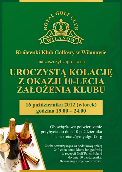 ZAPROSZENIE KOLACJA JUBILEUSZOWA KKGwW 16.10.12 G.19.00